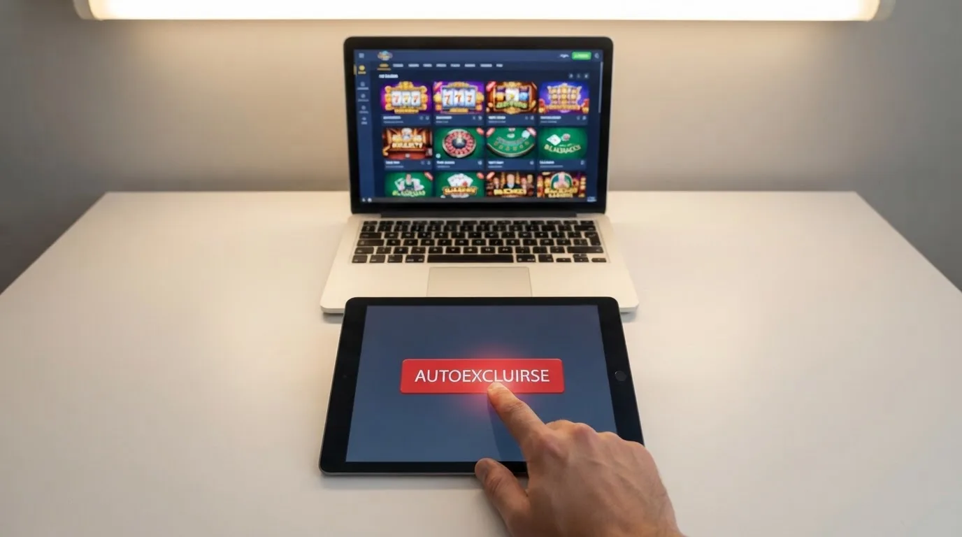 Una mano que pulsa «autoexcluirse» en una interfaz oficial española mientras otra pantalla muestra un casino offshore accesible