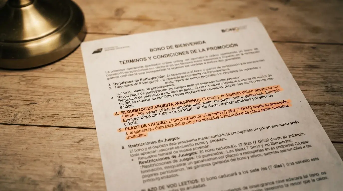 Contrato o pantalla de términos de bono con secciones de requisito de apuesta y plazo resaltadas