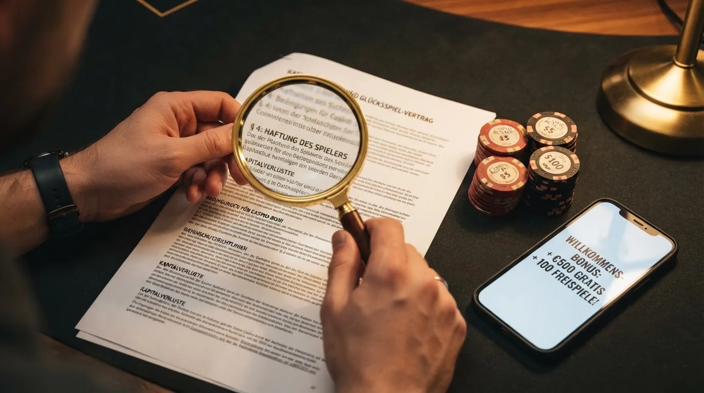 Primer plano de un contrato con una lupa sobre la cláusula de requisitos de apuesta, junto a fichas de casino y un móvil con la pantalla de un bono de bienvenida