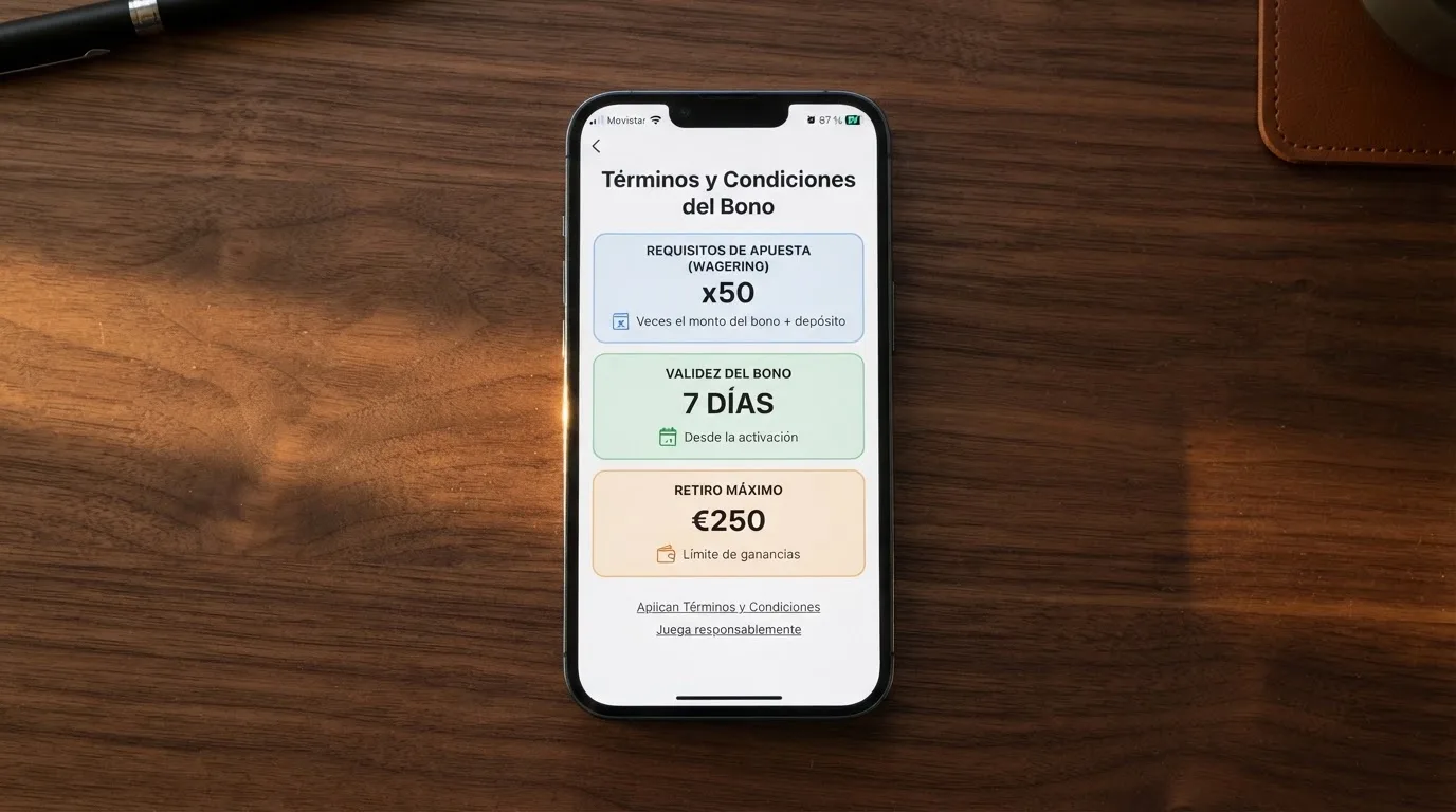 Pantalla de los términos y condiciones de un bono de bienvenida con el requisito de apuesta, el plazo de validez y el importe máximo retirable resaltados