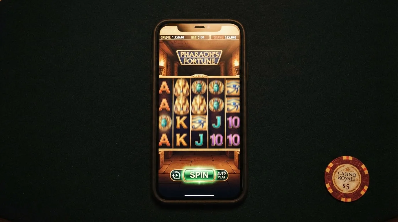 La tragaperras Book of Dead de Play'n GO ejecutándose en un teléfono móvil en vertical, con los cinco rodillos visibles, los símbolos egipcios y el botón de giro en la parte inferior de la pantalla