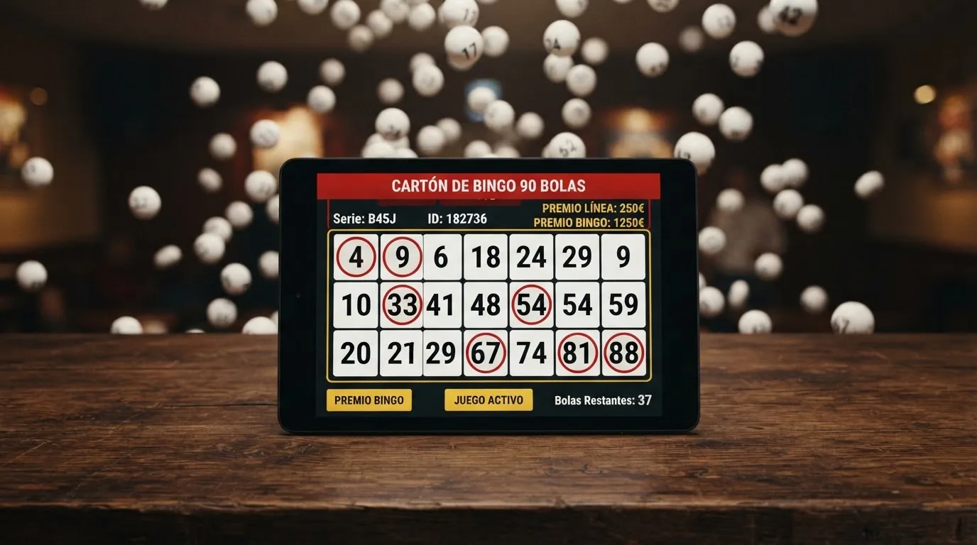 Primer plano de un cartón virtual de bingo de 90 bolas con números marcados y bolas cayendo