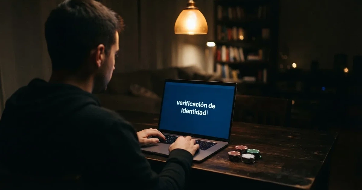 Un jugador frente a una pantalla con la pregunta «verificación de identidad» en primer plano, sin documentos visibles sobre la mesa