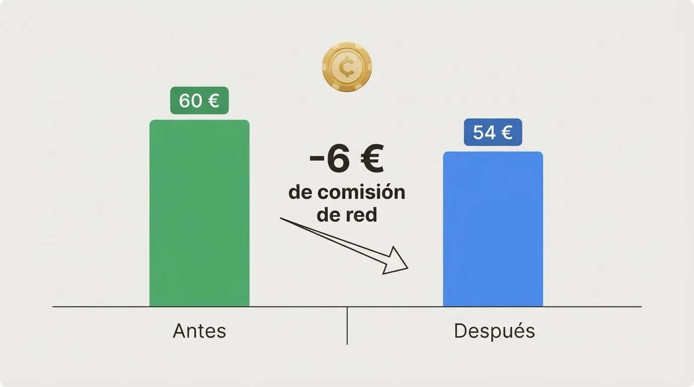 Gráfico comparativo que muestra un depósito de 60 € en bitcoin antes y después de aplicar la comisión de red