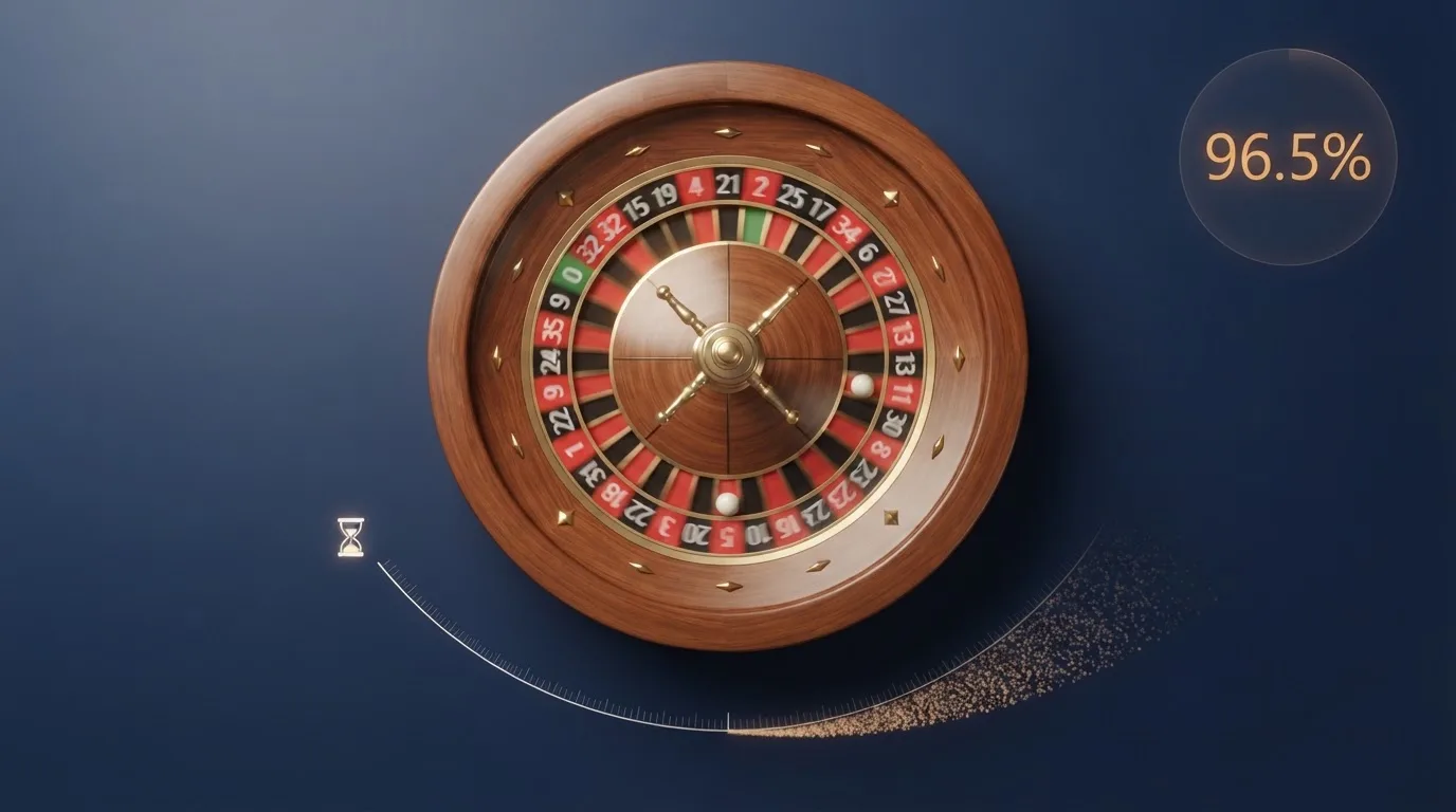 Infografía que desglosa el concepto de RTP: una ruleta con un porcentaje que devuelve fichas a un jugador mientras una fracción pequeña queda en la banca, con una línea de tiempo que muestra millones de tiradas