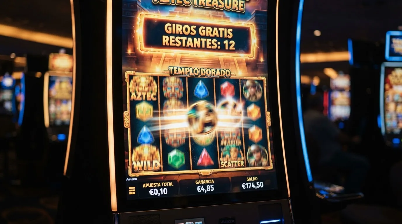 Interfaz de una tragaperras online con el contador de tiradas gratis activo, mostrando el valor del giro en pantalla