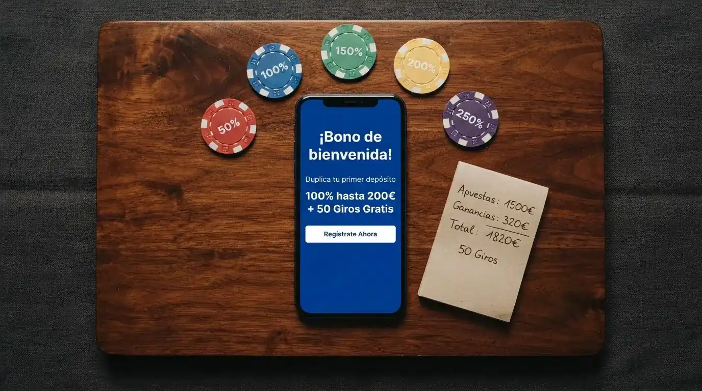Representación visual de una tabla comparativa con fichas de casino, porcentajes y una pantalla de móvil mostrando una oferta de bienvenida