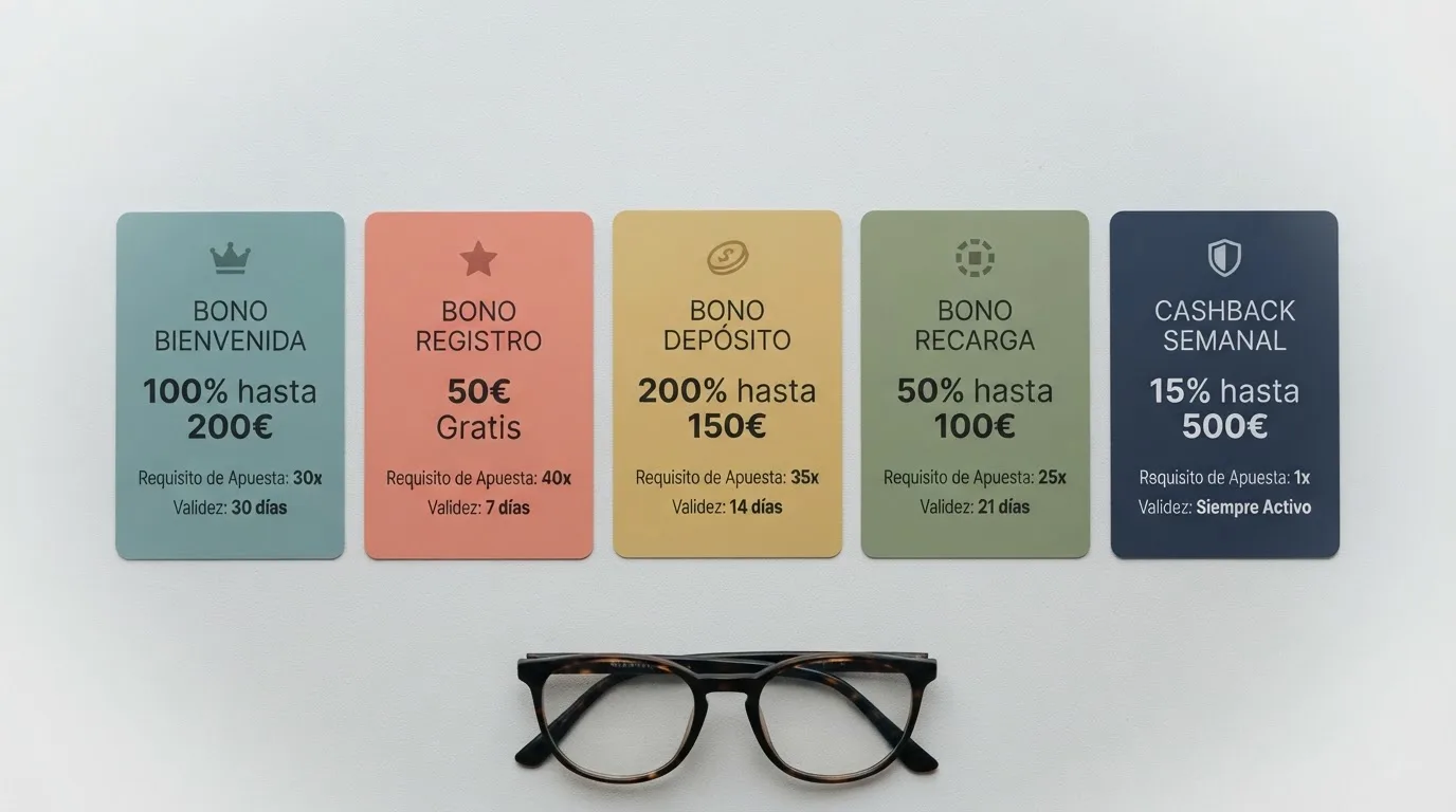 Comparativa visual de tarjetas de bono sin depósito de varios casinos con su importe, rollover y plazo de validez destacados en primer plano