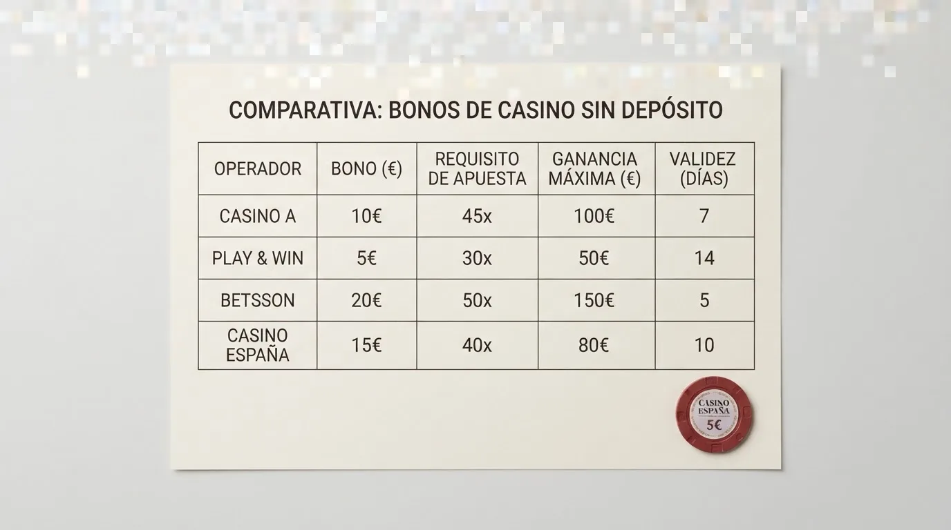Tabla con logotipos de casinos online españoles y los importes y condiciones de sus bonos sin depósito