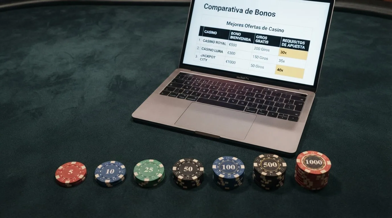 Una comparativa visual de fichas de casino y pantallas de registro con distintos importes de bono y condiciones destacadas en primer plano