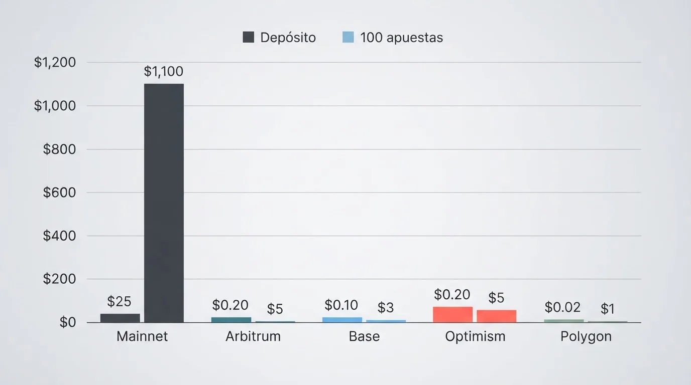 Gráfico de barras comparando el coste en dólares de un depósito y cien apuestas en Ethereum mainnet frente a Arbitrum, Base, Optimism y Polygon