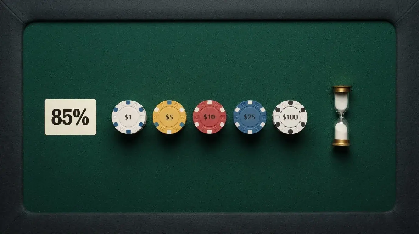 Una tabla o visual comparativo con fichas de casino mostrando distintas cantidades de tiradas, porcentajes de bono y cifras de rollover