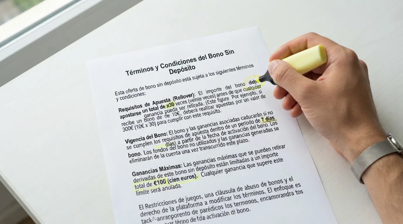 Primer plano de los términos y condiciones de un bono sin depósito con cifras de rollover, plazo y tope de ganancia resaltados