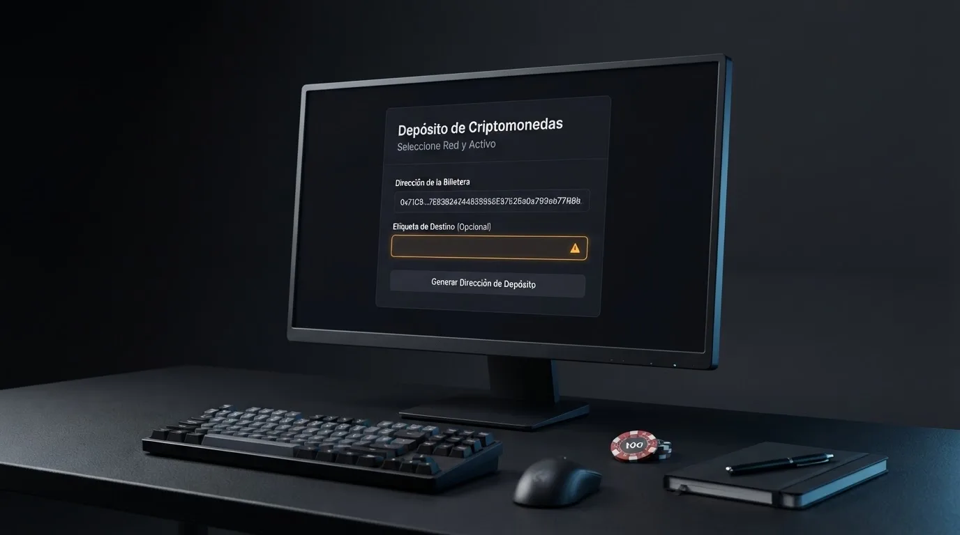 Pantalla de depósito de un casino cripto con el campo «destination tag» resaltado junto a la direción de cartera XRP