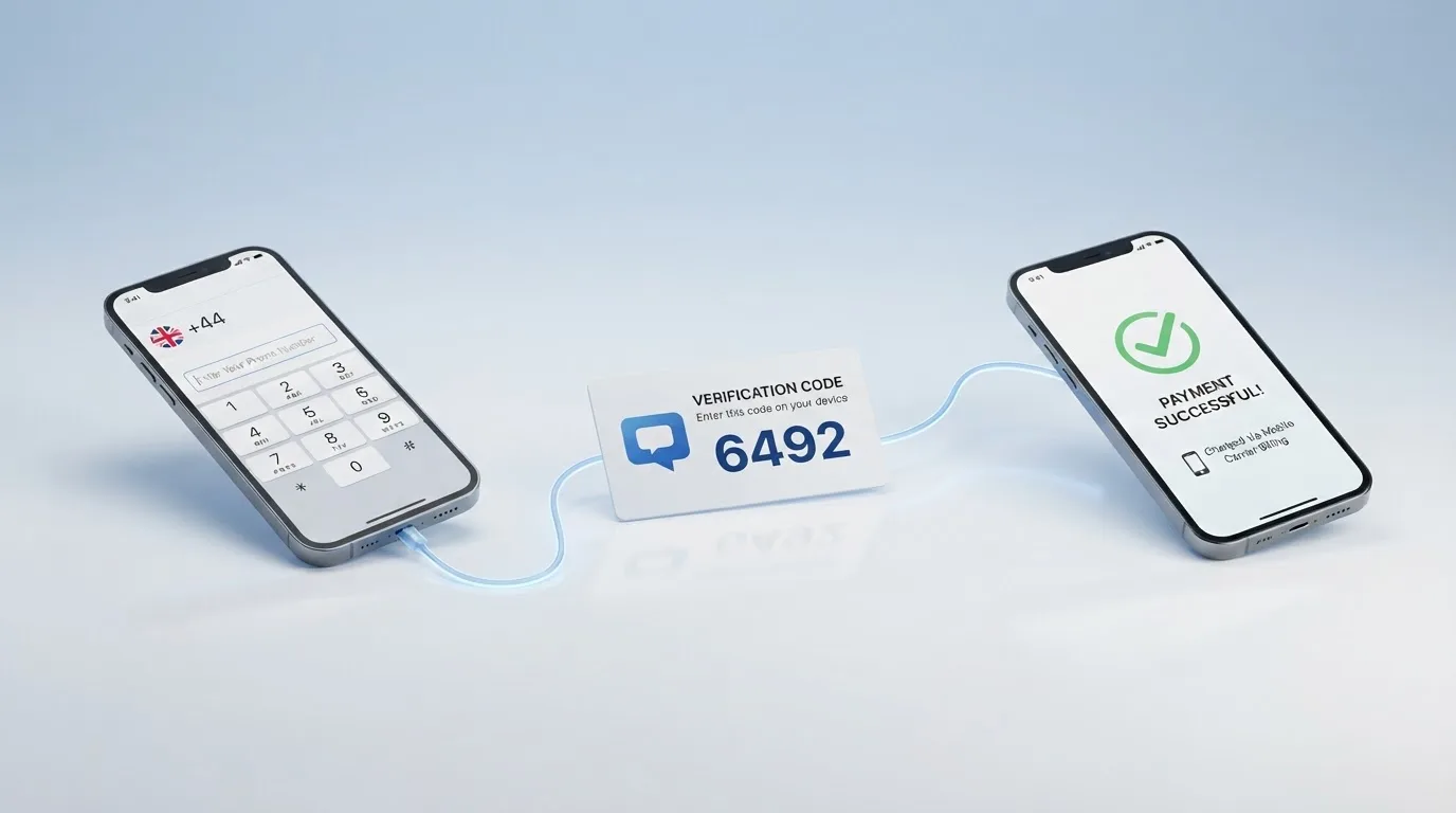 Infografía con los tres pasos del carrier billing: introducir el número de teléfono, recibir el SMS con el código y confirmar el depósito en pantalla