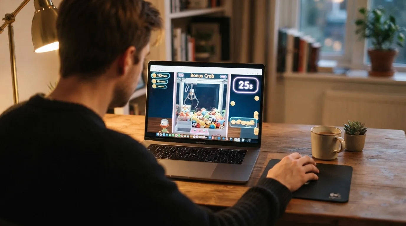 Jugador manejando la garra mecánica del Bonus Crab durante la cuenta atrás de 25 segundos en pantalla