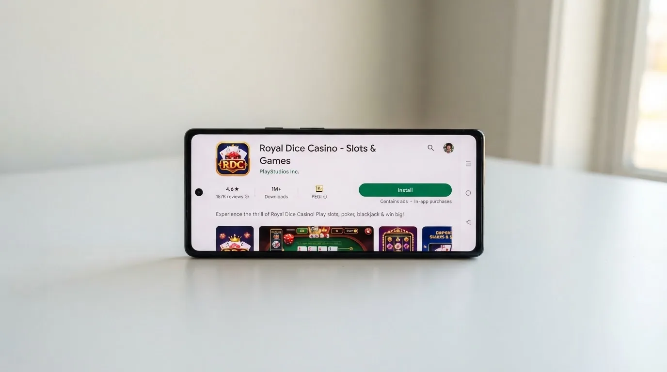 Un teléfono Android con la pantalla de Google Play Store abierta en la ficha de una app de casino con licencia DGOJ, mostrando el botón Instalar y la información de la aplicación