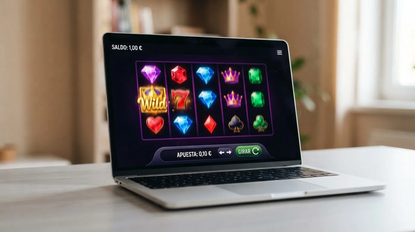Interfaz de una tragaperras online española con el saldo marcando 1 euro y la apuesta ajustada a 0,10 euros por tirada