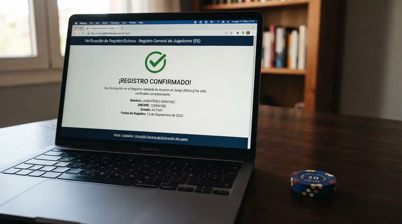 Primer plano de un documento oficial con el sello de la DGOJ junto a un dominio .es en la barra de navegación de un navegador