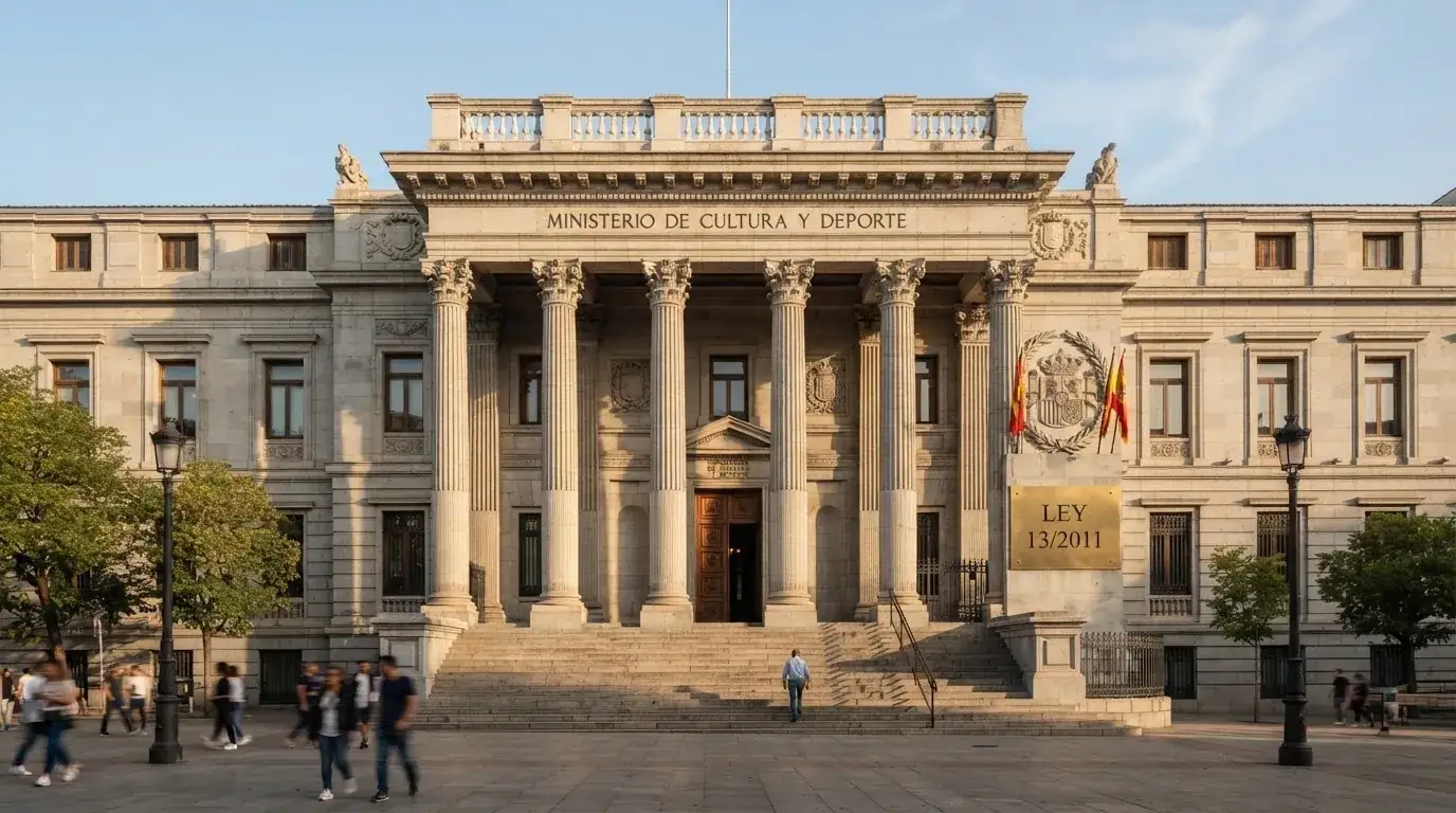 Fachada del Ministerio de Derechos Sociales, Consumo y Agenda 2030, sede de la DGOJ, junto al texto «Ley 13/2011» y un sello oficial