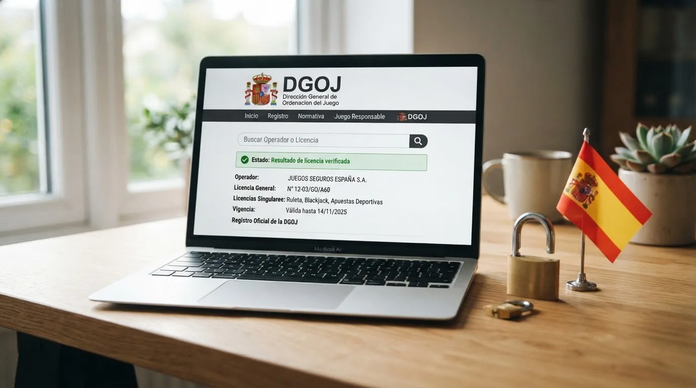 Una pantalla de ordenador mostrando el buscador de operadores de la DGOJ con el resultado de una consulta, junto a un candado con la bandera de España