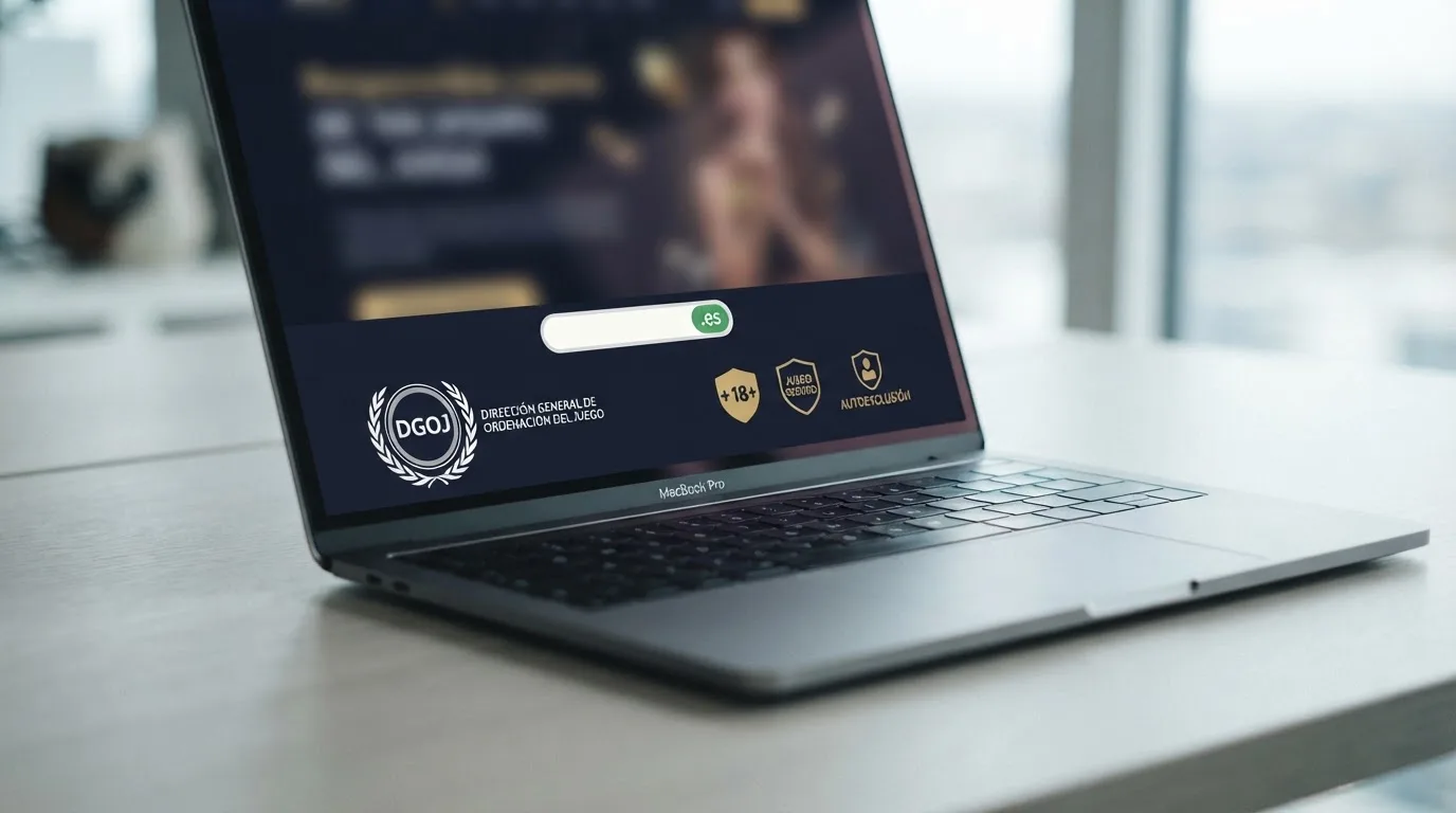 Pie de página de un casino online español mostrando el sello de la DGOJ, el dominio .es y los logos de juego responsable