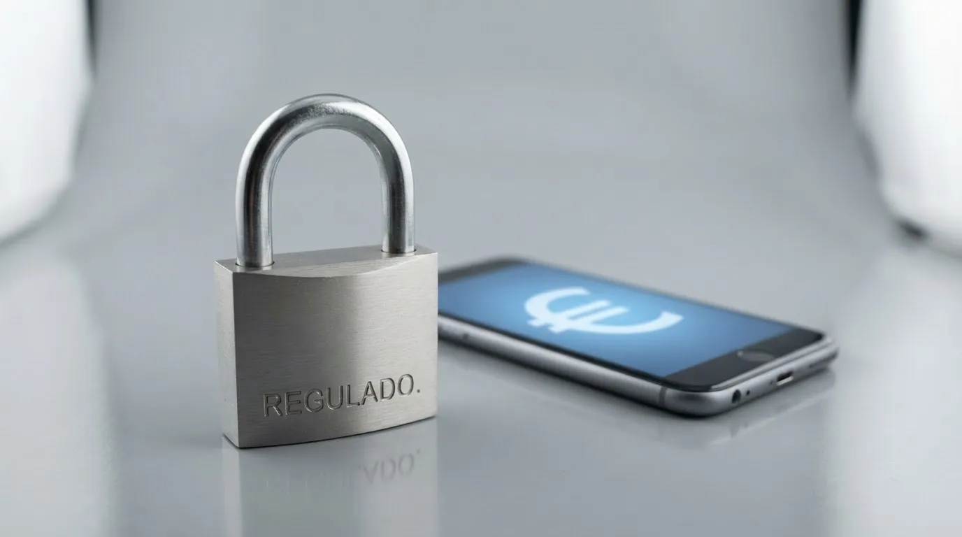 El logotipo de la DGOJ en una pantalla junto a un candado abierto y una cartera de criptomonedas tachada