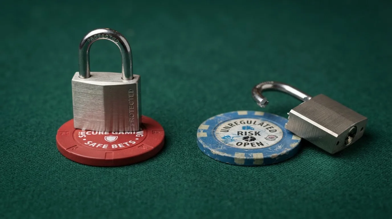 Sello oficial de la DGOJ junto al escudo de la autoridad de juego de Curaçao sobre un fondo que evoca una sala de casino