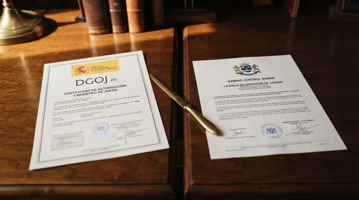 Dos documentos oficiales contrapuestos: una licencia de la DGOJ con el dominio .es y un certificado de Curaçao, separados por una línea