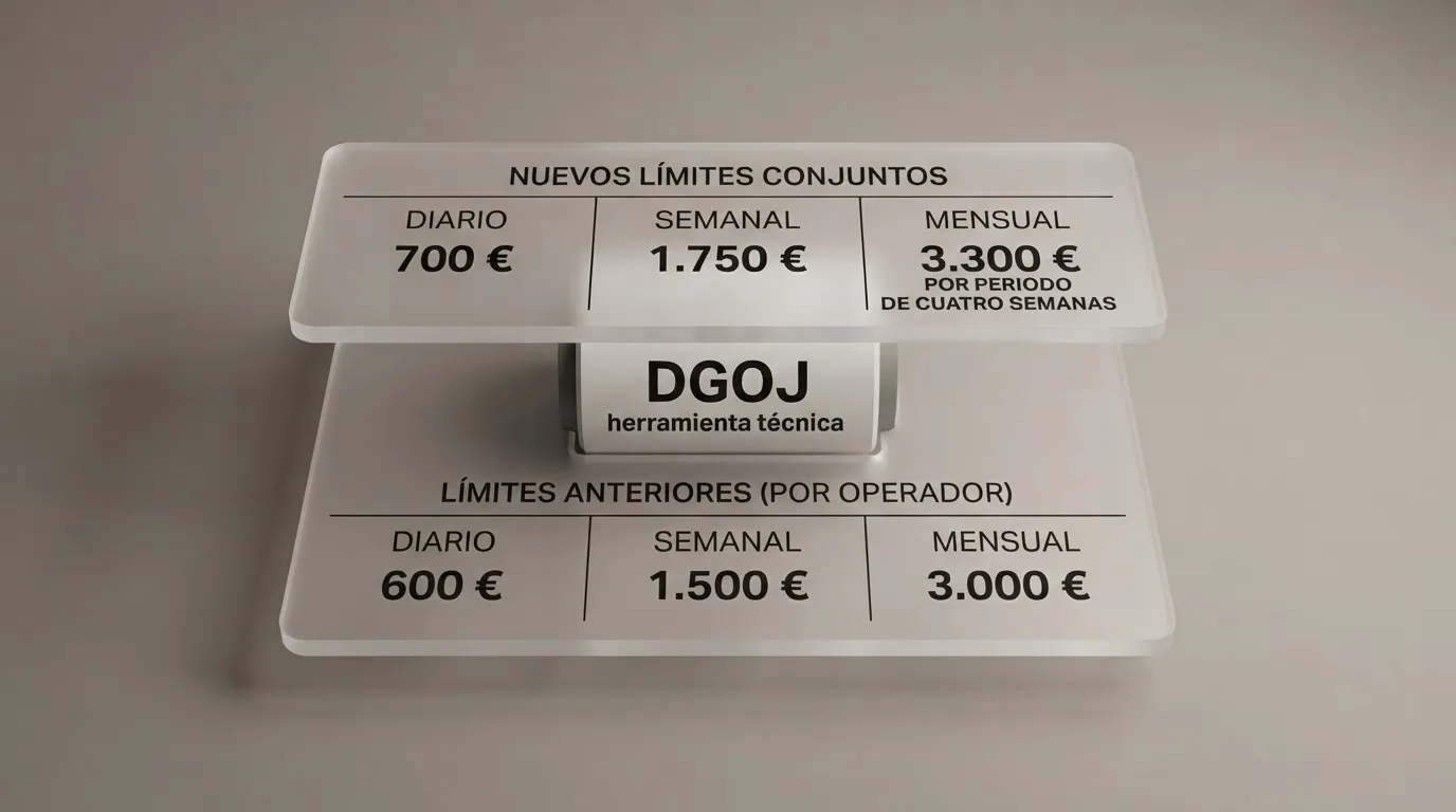 Diagrama con dos capas superpuestas: los límites por operador de 600, 1.500 y 3.000 euros y, encima, los nuevos límites conjuntos de 700, 1.750 y 3.300 euros, conectados por un módulo central etiquetado como herramienta técnica DGOJ