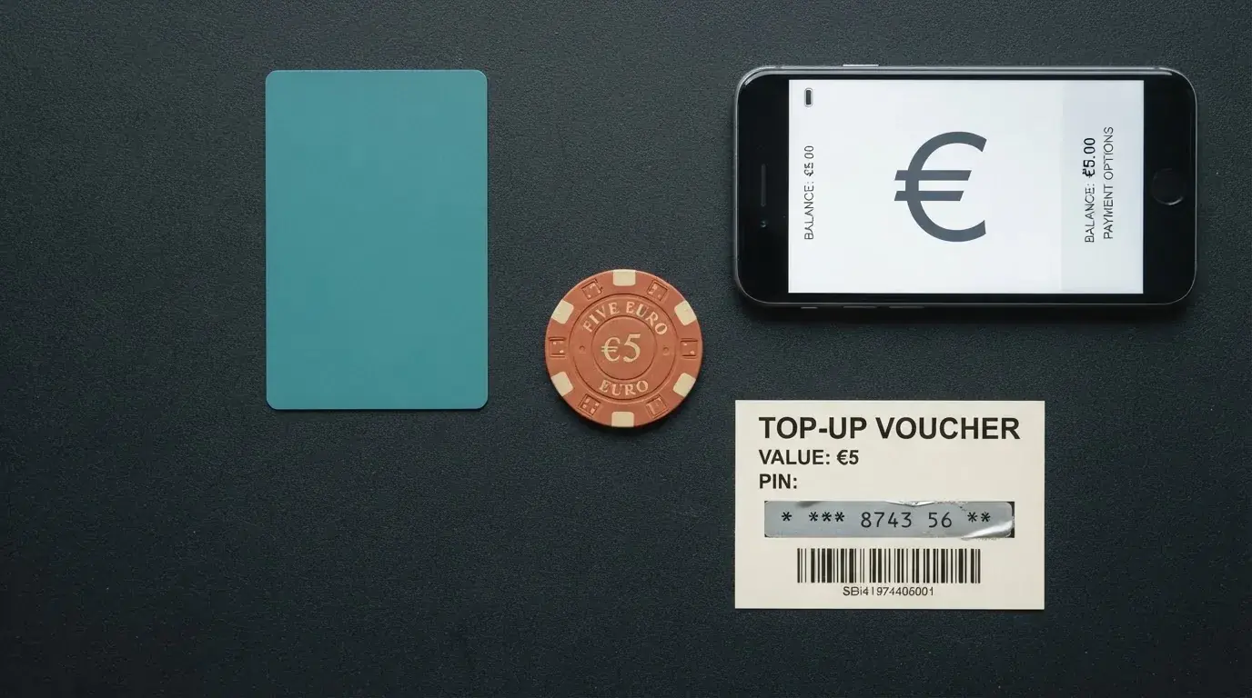 Comparativa visual de tarjetas bancarias, un teléfono con la app de Bizum abierta, el logo de PayPal y un monedero electrónico sobre un fondo de casino, con la cifra de 5 euros como elemento común