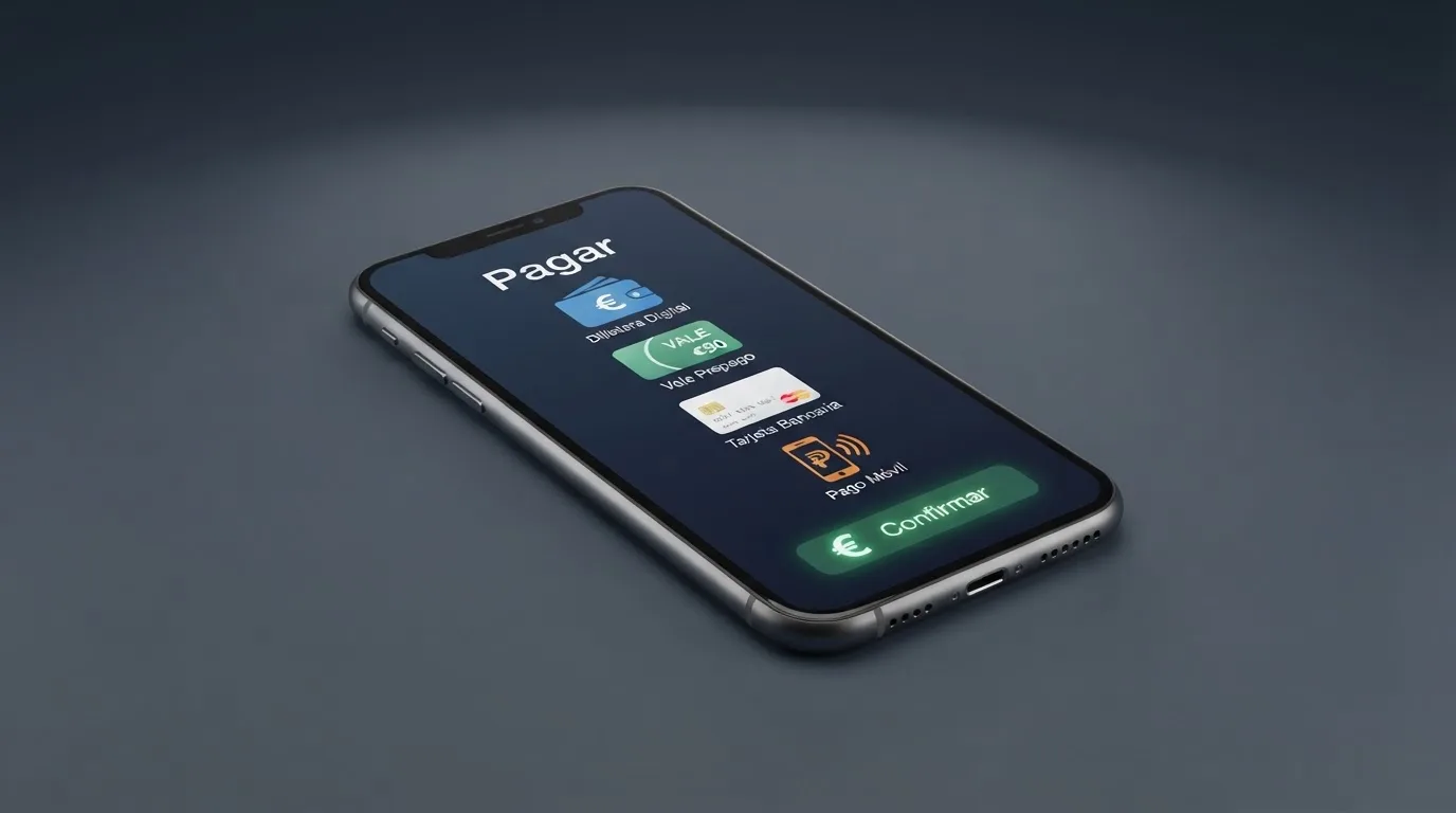 Un teléfono muestra los iconos de Bizum, PayPal, Paysafecard y una tarjeta bancaria sobre el fondo de la pantalla de cajero de un casino