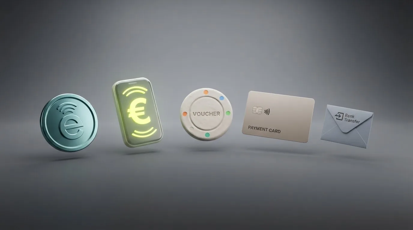 Iconos de métodos de pago disponibles en casinos DGOJ — PayPal, Bizum, Skrill, tarjeta y transferencia — con tiempos estimados de retirada