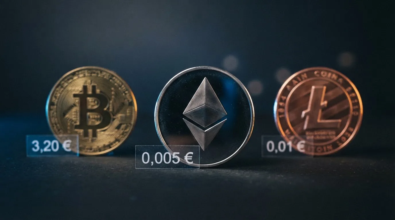 Primer plano de monedas físicas de Bitcoin, Tron y Litecoin con etiquetas de coste de transacción sobreimpresas
