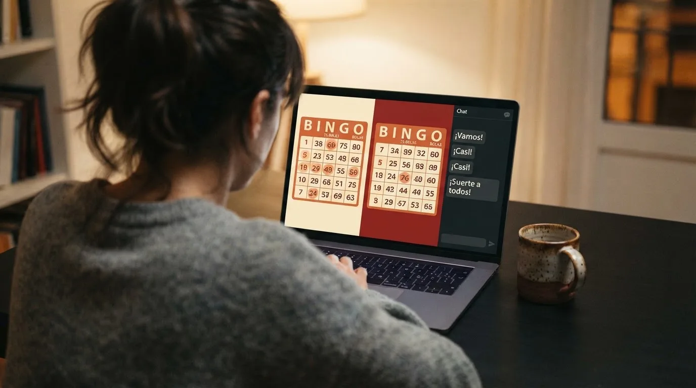 Pantalla dividida con las interfaces de varias salas de bingo online español, visible el chat de moderador
