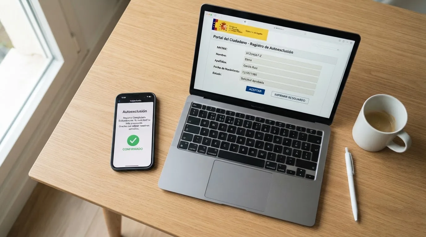 Un formulario oficial con el escudo de la DGOJ en una pantalla, junto a un teléfono móvil con la app de la DGOJ abierta