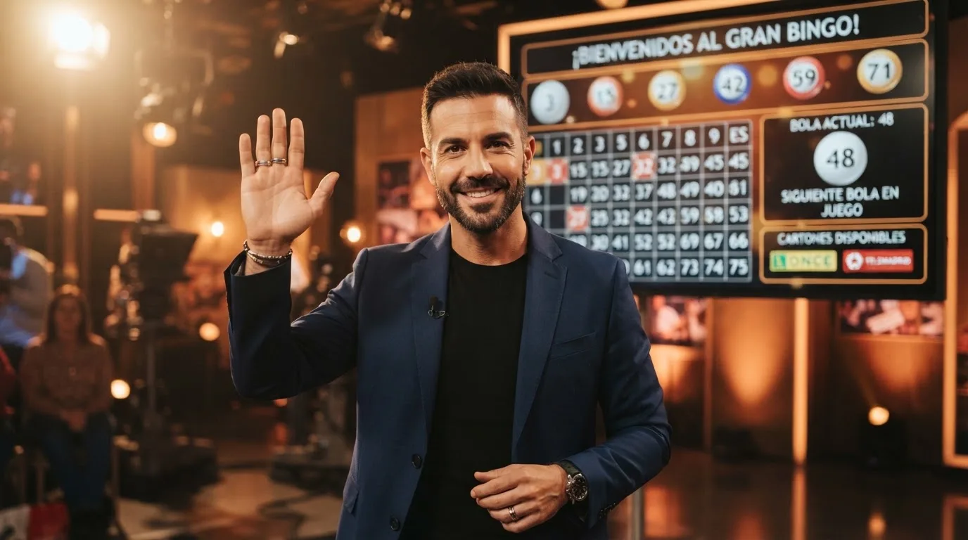 Presentador de bingo en vivo dirigiéndose a cámara desde una sala con iluminación de estudio, pantalla de bolas al fondo
