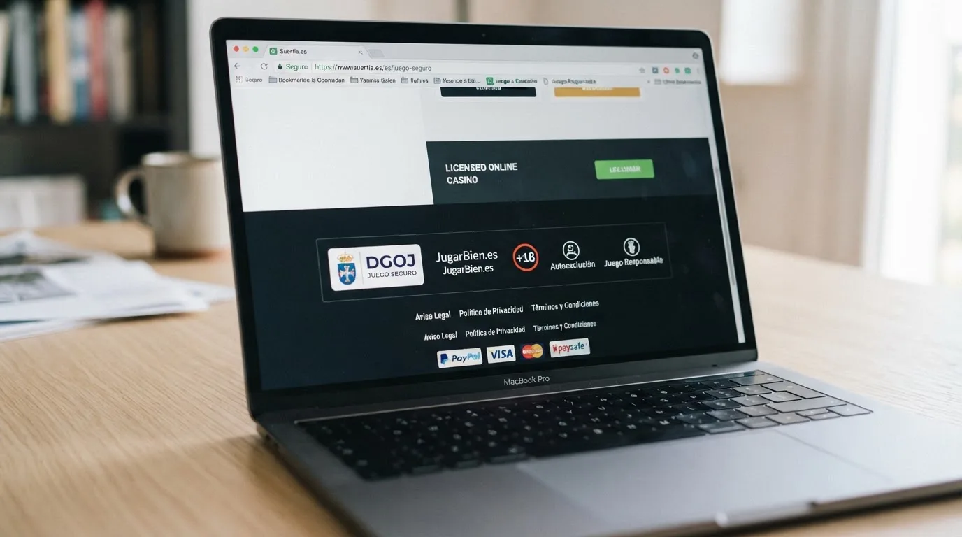 Primer plano del sello de la Dirección General de Ordenación del Juego junto al dominio .es en el pie de página de un casino online