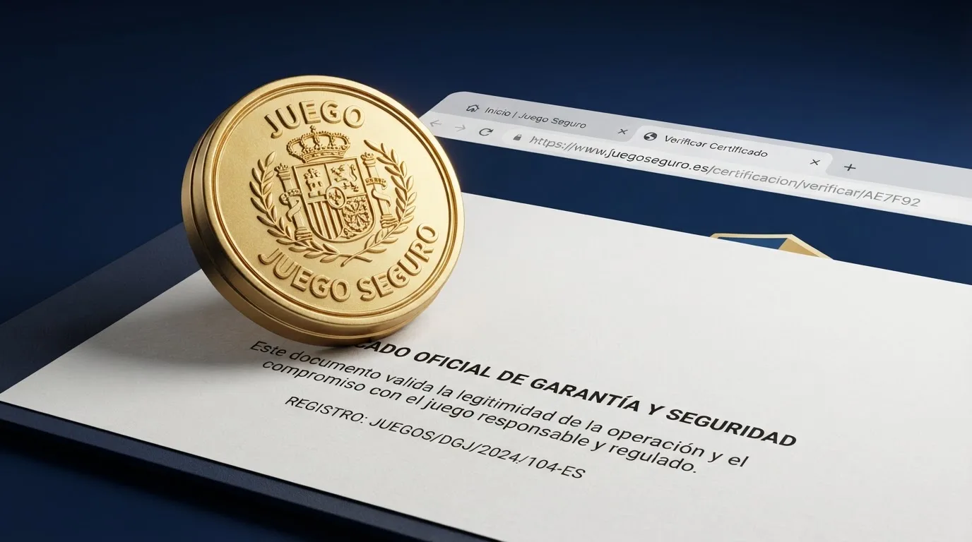 Logotipo oficial de la DGOJ junto al texto «juego seguro» y un dominio .es en la barra del navegador