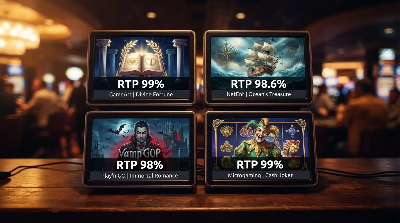 Una cuadrícula con las carátulas de Book of 99, 1429 Uncharted Seas, Blood Suckers y Mega Joker, cada una con su valor de RTP en grande junto al nombre del proveedor