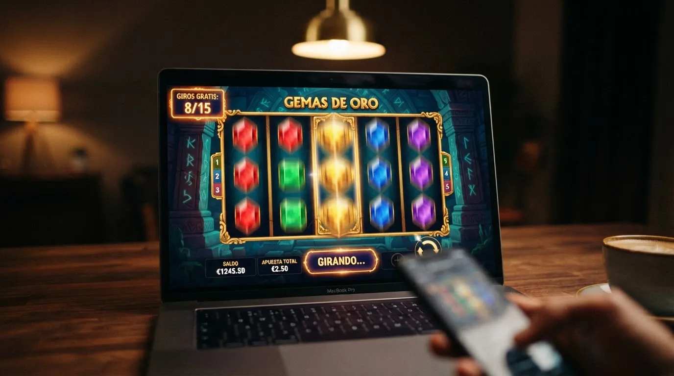 Primer plano de una tragaperras online en pleno giro con el contador de giros gratis visible en pantalla