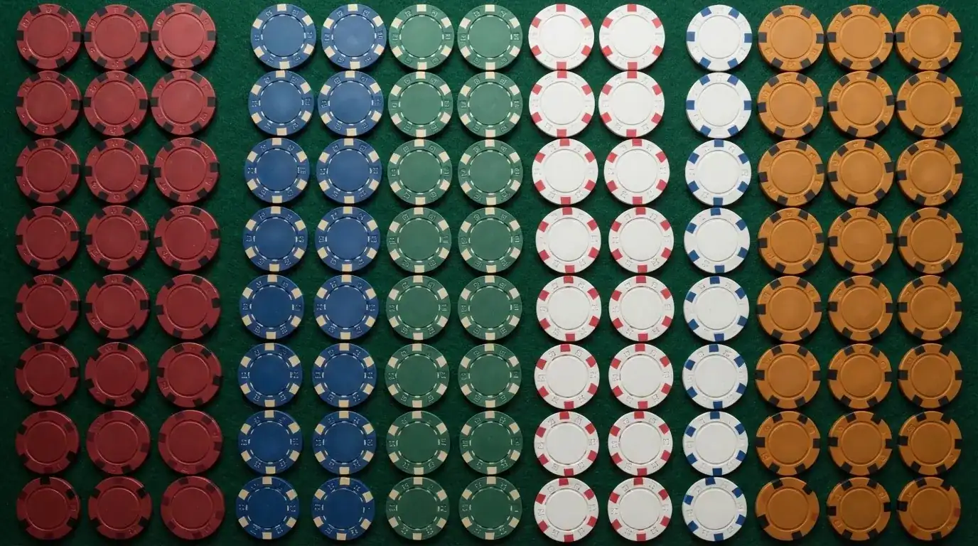 Fichas de casino de colores ordenadas en filas sobre una mesa de juego, representando la comparación entre operadores