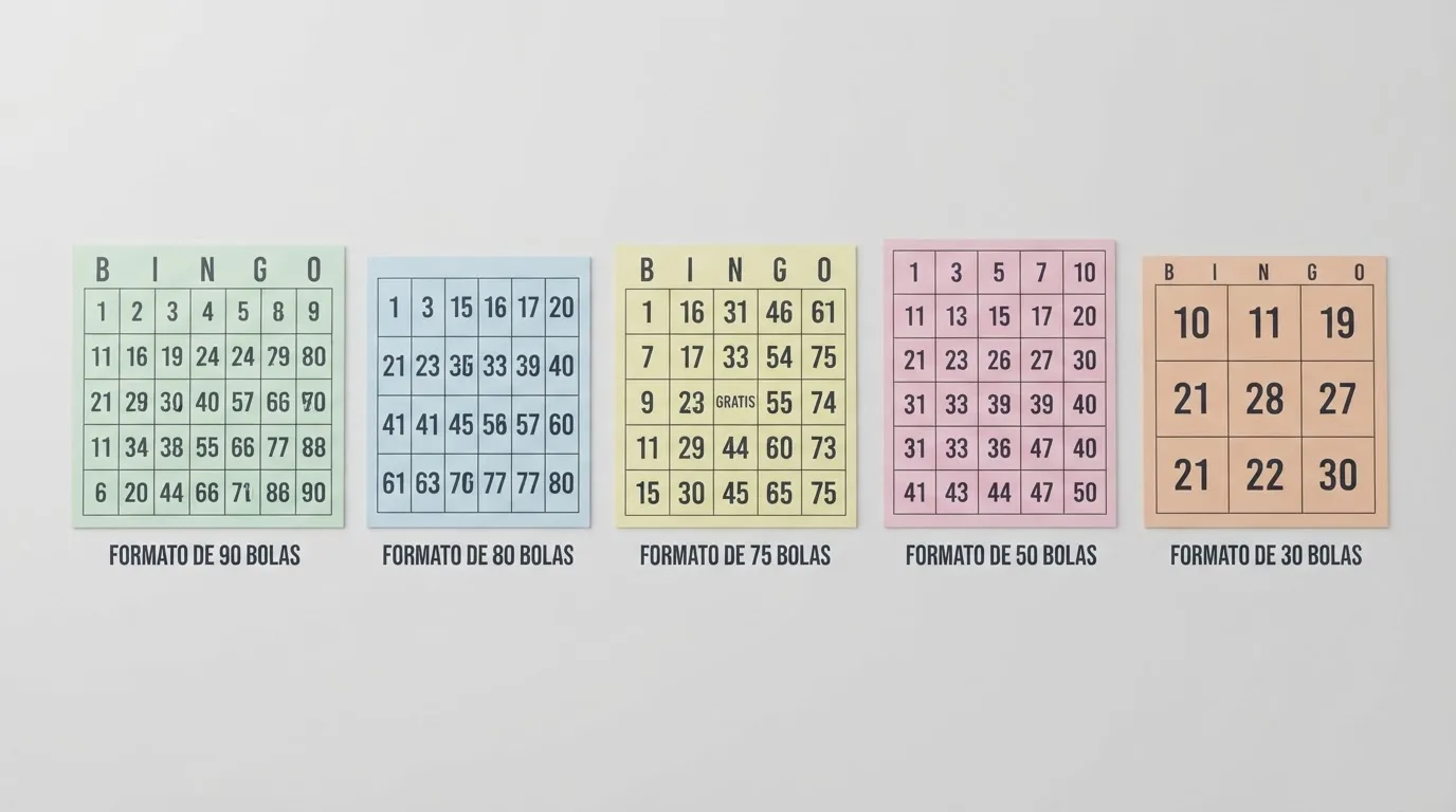 Collage visual con las cinco variantes de bingo: cartones de 90, 80, 75, 50 y 30 bolas alineados