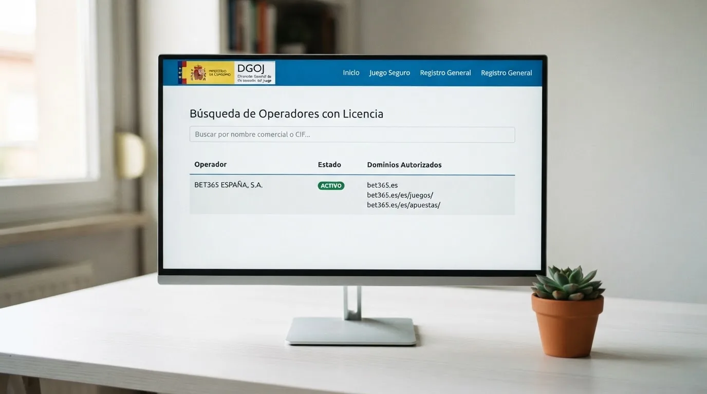 Pantalla de ordenador mostrando el buscador del registro público de la DGOJ en ordenacionjuego.es con el resultado de un operador con licencia activa
